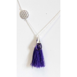 Collier Goutte en Argent 925 et Améthyste avec Fleur de Vie et Pompon