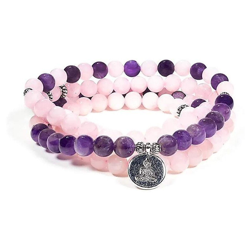 mala améthyste et quartz rose avec bouddha